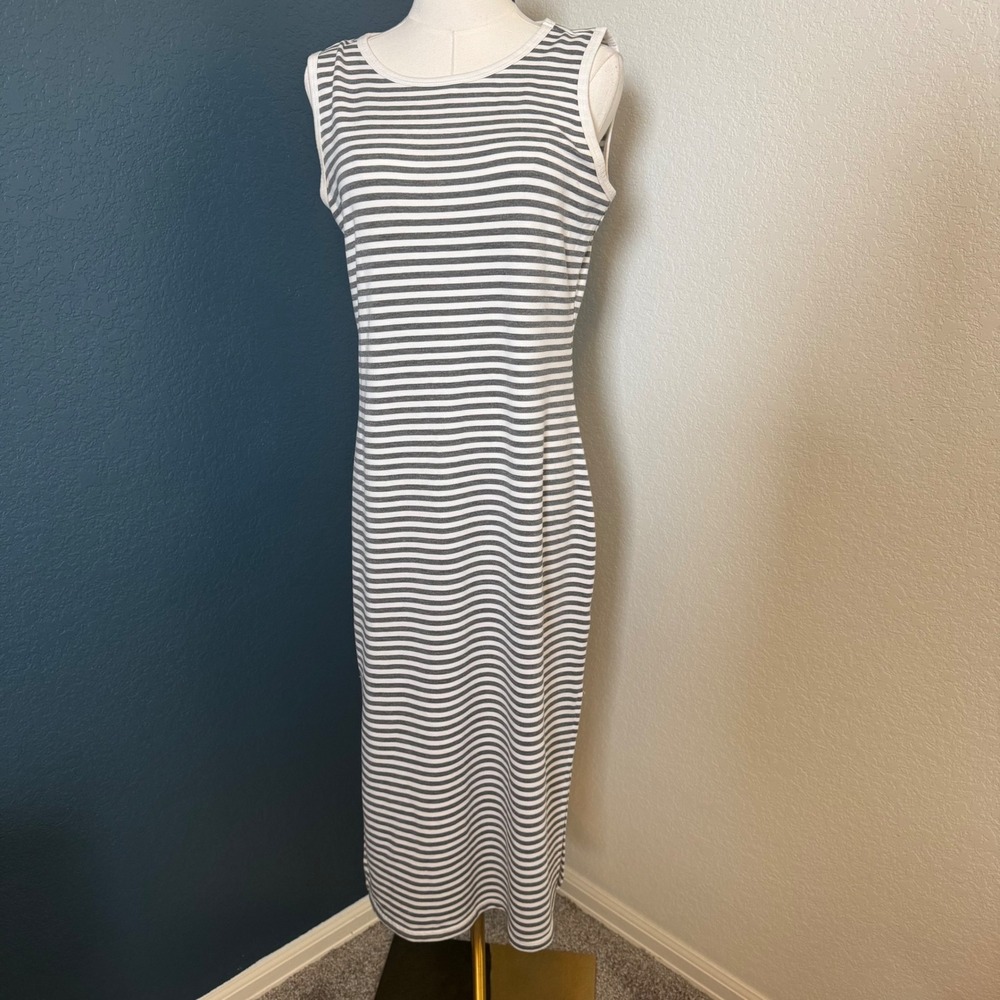 Minimalist Coastal BB Dakota Striped Midi Dress Medium Grey White